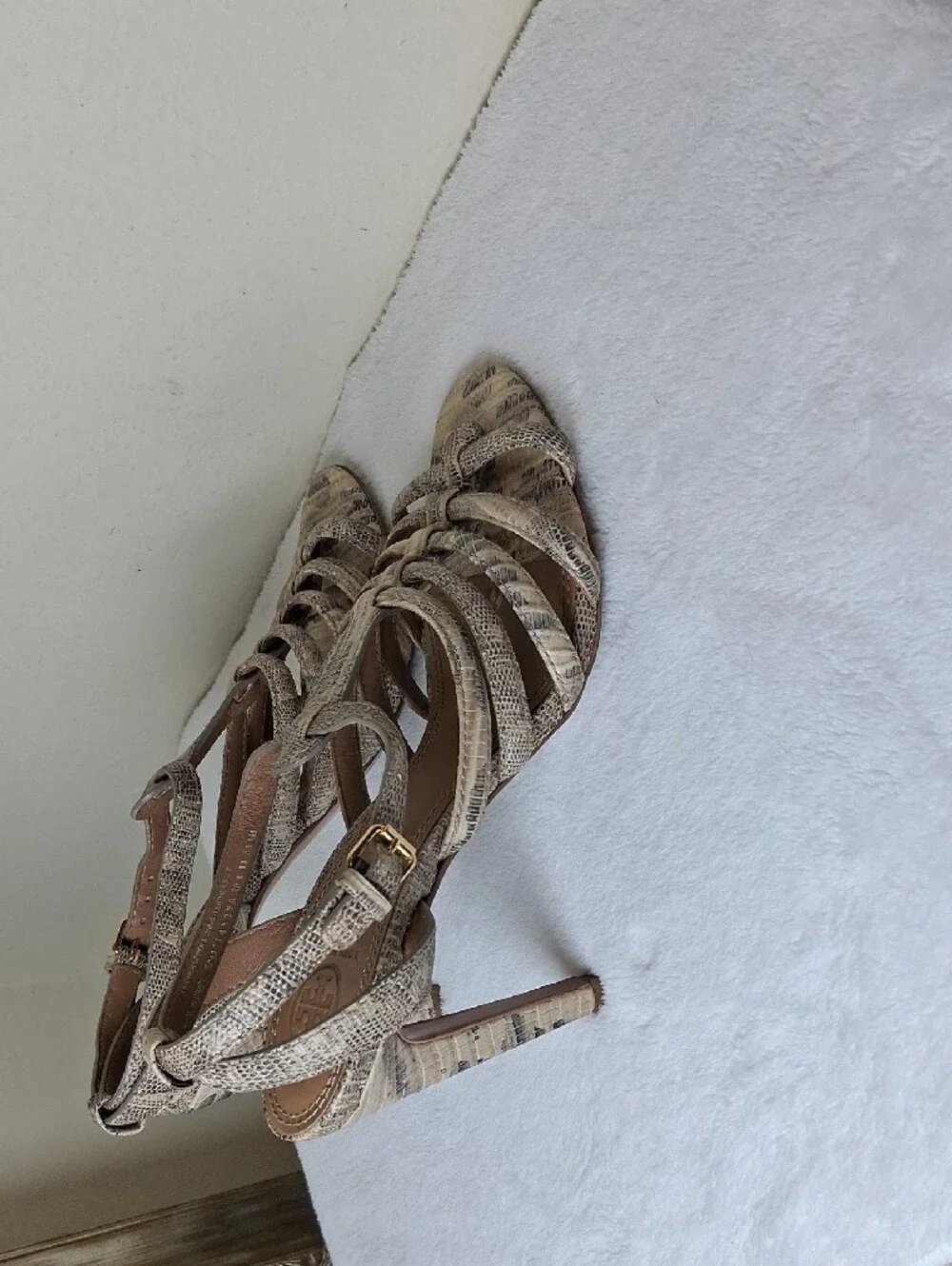 Tory Burch Neutral Snake-Print Strappy Heels